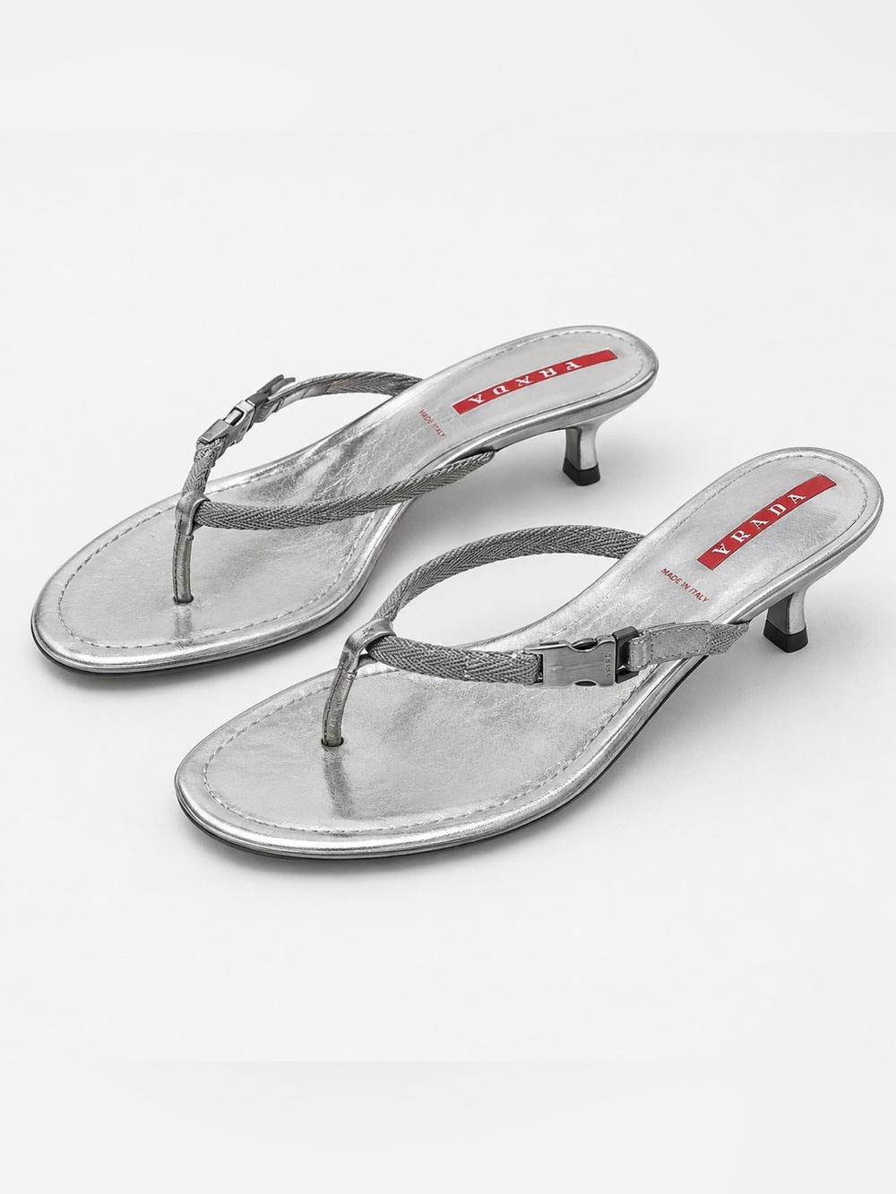 Prada Sport Silver Metallic Leather Thong Heels Sandals Size 37 US 7 Shoes